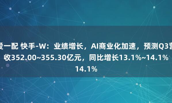 爱一配 快手-W:业绩增长,AI商业化加速,预测Q3营收352.00~355.30亿元,同比增长13.1%~14.1%